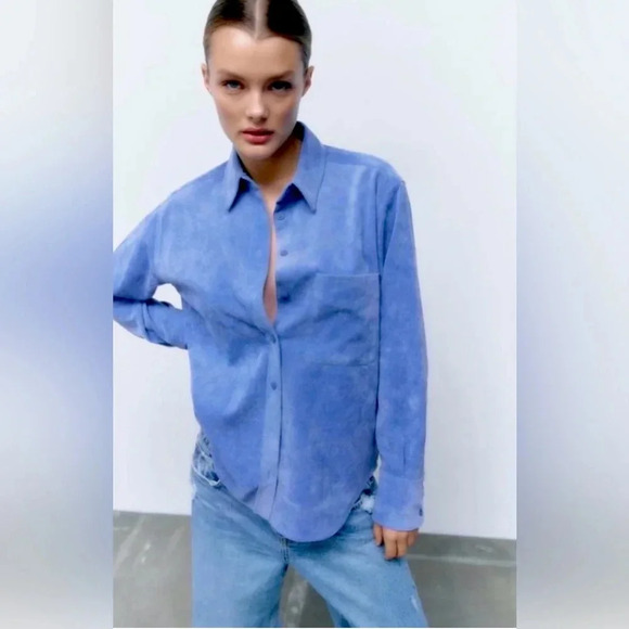 NWOT ZARA Fine-Waled Corduroy Shirt Button Up Oversized Blue Shacket size S - Picture 1 of 11